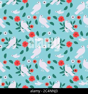Seamless birds and flowers spring pattern Stock Vector