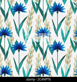 Seamless pattern with decorative flowers and wheat Stock Vector