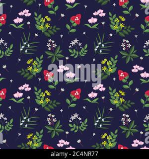 Seamless tropical flowers on dark blue background Stock Vector