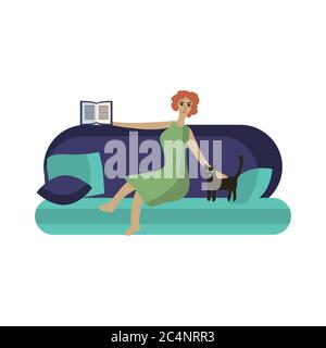 Girl and cat relaxing on sofa Stock Vector