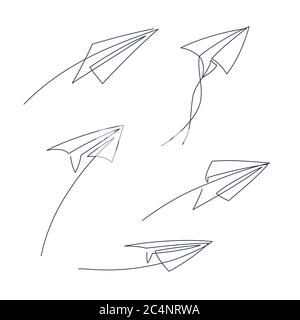 Paper plane continuous line vector illustration - airplane silhouette made with one single line art style. Stock Vector
