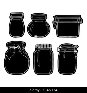 White hand drawn jar sticker set. Contour sketch. Cartoon kitchen objects outline doodle style. Vector illustration isolated on white background. Stock Vector