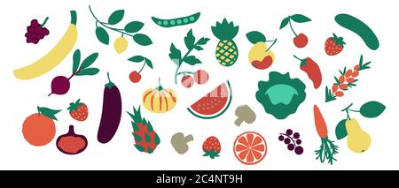 Vegetables and fruits flat icons set Stock Vector