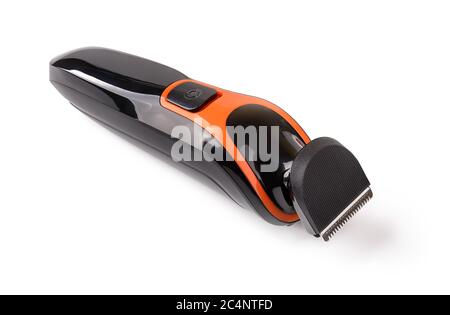 Electric black hair clipper or trimmer isolated on white background. Barber professional tool for cutting hair. Haircut at the hairdresser or at home. Stock Photo