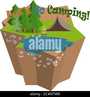 Let's go camping and fishing. 3D isometric island composition of rest nature illustration in vector style. Summer forest place and tent Stock Vector