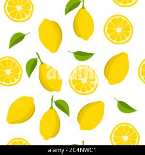 Lemon and slices of lemon pattern. Summer background with yellow lemons. Vector illustration. Stock Vector