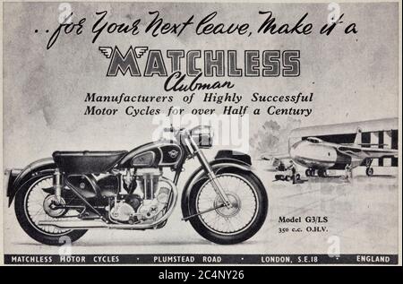 Vintage advertisement for the British Matchless Clubman 350cc motorcycle. Stock Photo