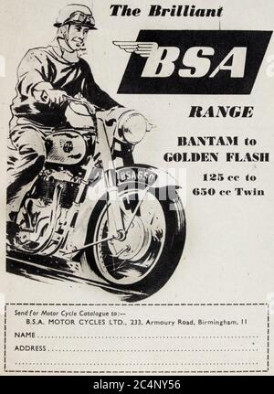 Vintage advertisement for the British BSA range of motorcycles