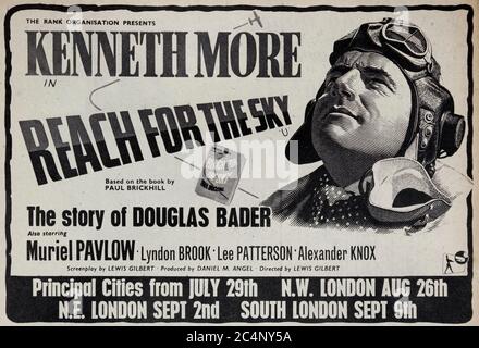 Vintage advertisement for the release of the 'Reach for the Sky' biopic film in 1956, starring Kenneth More as British fighter pilot Douglas Bader. Stock Photo
