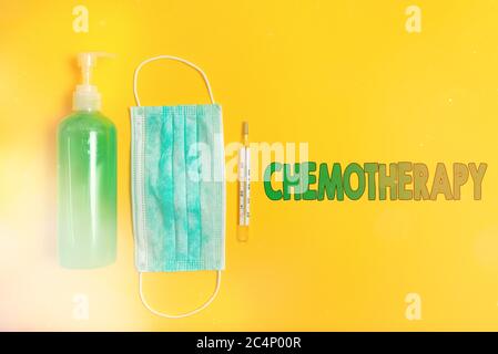 Conceptual hand writing showing Chemotherapy. Concept meaning the treatment of disease by the use of chemical substances Primary medical precautionary Stock Photo