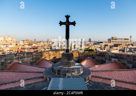 Aerial cityscape of Barcelona on a clear Autumn day, with the Mediterranean sea in the background. Stock Photo