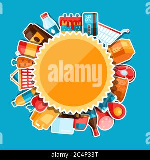 Supermarket background with food stickers. Stock Vector