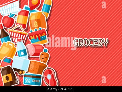 Supermarket background with food stickers. Stock Vector