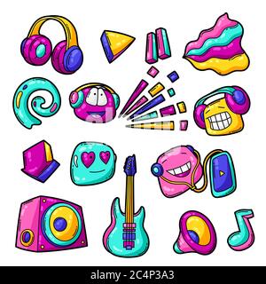 Set of cartoon musical items. Music party colorful teenage creative illustration. Stock Vector