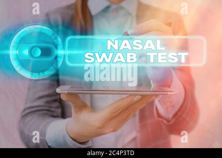 Handwriting text writing Nasal Swab Test. Conceptual photo diagnosing an upper respiratory tract infection through nasal secretion Graphics padlock fo Stock Photo