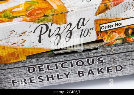 Close up of two pizza boxes pictured one on top of the other seen in Liverpool, England in June 2020. Stock Photo