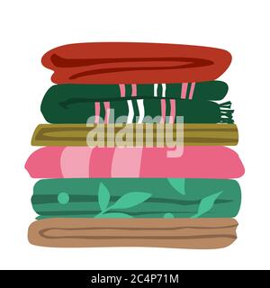 Vector illustration of typical mix matched worn towels folded flat in layers. Ordinary bath towels in a pile Stock Vector