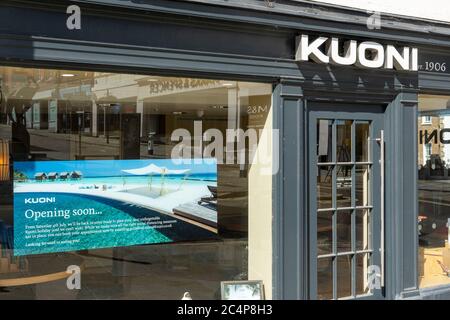 Poster in Kuoni Travel Agent window during June 2020 saying the business is opening on July 4th after easing of coronavirus covid-19 lockdown rules UK Stock Photo