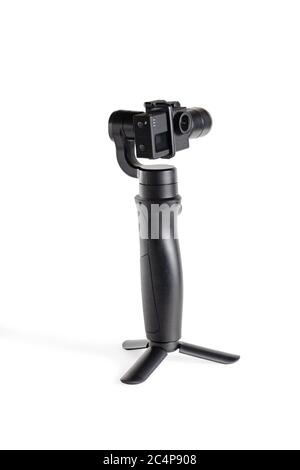 Gimbal with Action Camera. Close-up. Isolated over white background. Stock Photo