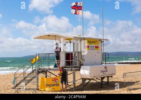 RNLI lifeguards kiosk hut at Alum Chine beach in Bournemouth, Dorset UK in June Stock Photo