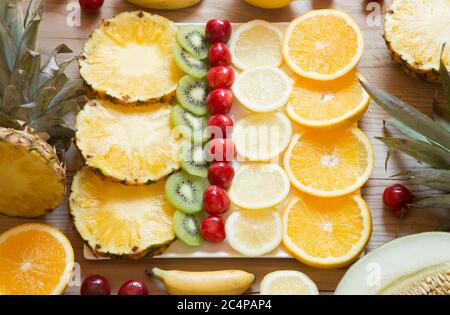 Sliced fruit on a plate - top view Stock Photo