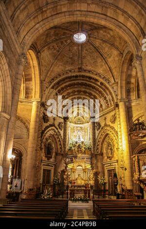 Almería, Andalusia, Spain, Europe.. The Sanctuary of the Virgen del Mar, patron saint of Almería. (Santuario de la Virgen del Mar). 16th century construction.. Style: Transition between late Gothic and Renaissance.. The nave and the central altar. Stock Photo