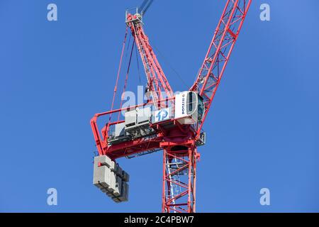 LAS VEGAS, NEVADA, USA - FEBRUARY 2019: Close up view of the cab of a tower crane against a deep blue sky in Las Vegas. Stock Photo