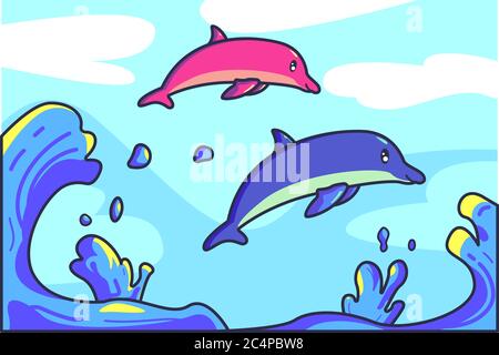 pink dolphin and blue dolphin jump over the waves Stock Vector