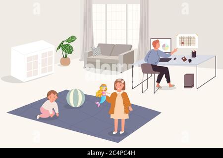 Home office. Working from home vs. Father with two kids Work on the Internet on a Computer at home. quarantine. Corona Virus.Can use for background,Ca Stock Vector