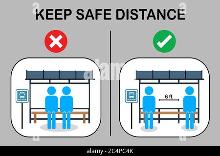 Social distancing with many people on queue line in bus station. Passenger waiting bus stop. City community transport vector concept illustration with Stock Vector