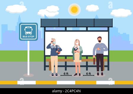 Social distancing with many people on queue line in bus station. Passenger waiting bus stop. City community transport vector concept illustration with Stock Vector