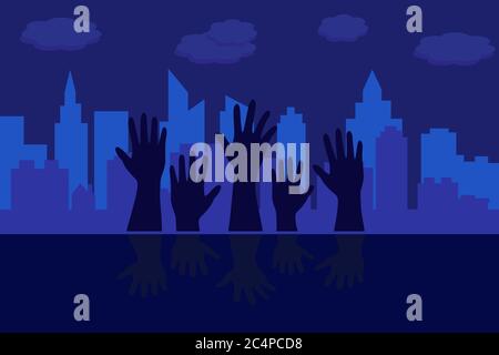 Hand symbol for black lives matter protest in USA. Human Right of Black People.Hand to stop violence.Icon felling sad.Dark tone on black background.Fl Stock Vector