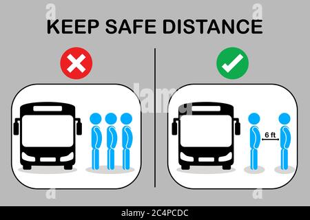 Social distancing with many people on queue line in bus station. Passenger waiting bus stop. City community transport vector concept illustration with Stock Vector