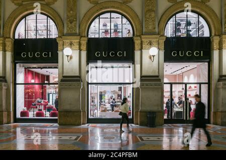 Milan, - January 13, 2020: Gucci bags and sneakers showcase Stock Photo - Alamy