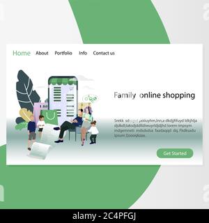 Family online shopping, website page template. Mother father and kids choosing goods in internet market. Web retail purchasing together. Vector illust Stock Vector