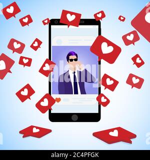 Famous blogger post, collect social icons red hearts, communication online using social media, handsome man page popular catch popularity. Vector illu Stock Vector