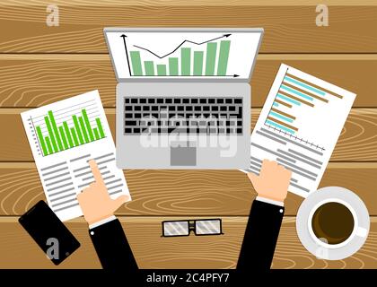 Businessman analyzing economic rate, workplace with laptop. Chart growth, graph analyze market, research at computer, strategy profit, monitoring on d Stock Vector