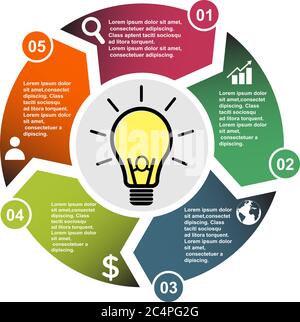 5 step vector element in five colors with labels, infographic diagram. Business concept of 5 steps or options with light bulb . Stock Vector