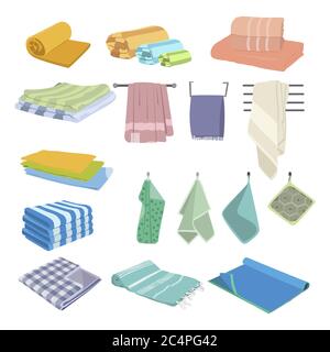 Cartoon towels, bath, kitchen, beach. Bathroom and kitchen towels, household elements for hygiene. Vector clean and fresh microfiber towel illustratio Stock Vector