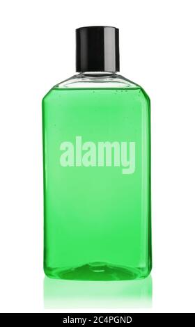 Plastic bottle of green shower gel isolated on white. Stock Photo