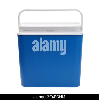 Blue small portable refrigerator for traveling isolated on white. Front view. Stock Photo