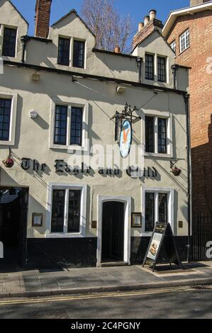 Oxford, UK - March 26, 2012: Exterior of the famous Eagle and Child public house in the middle of Oxford.  The Inklings authors used to drink here inc Stock Photo