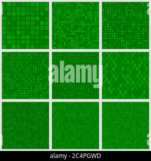 Set of abstract seamless patterns of small elements or pixels of various shapes in green colors Stock Vector