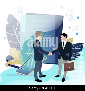 Good deal, signing business contract. Profitable partnership. Investor trust sponsor money, startup advantage, building handshaking teamwork. Vector c Stock Vector