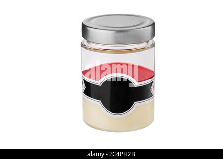 Milky dessert with cream and fruity jelly in a jar isolated on white background. Stock Photo