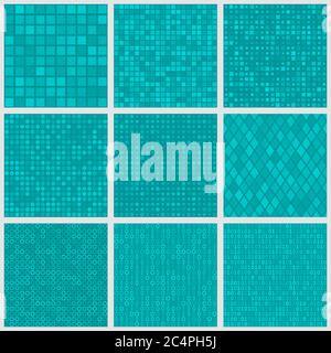 Set of abstract seamless patterns of small elements or pixels of various shapes in light blue colors Stock Vector