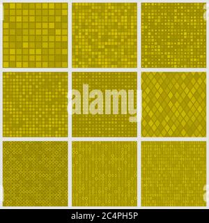 Set of abstract seamless patterns of small elements or pixels of various shapes in yellow colors Stock Vector