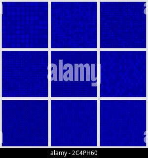 Set of abstract seamless patterns of small elements or pixels of various shapes in blue colors Stock Vector