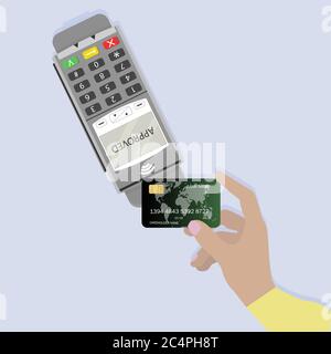 Contactless payment, pay pass use card and terminal. Pay and payment pos terminal, credit electronic nfc, banking transaction online, modern bank serv Stock Vector