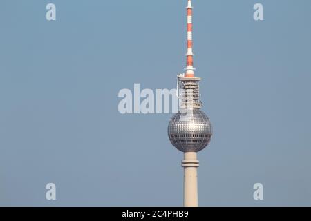 Berlin, Germany - April 28, 2018 - The famous Berlin TV Tower (Berliner Fernsehturm) Stock Photo
